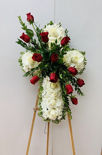 ETERNAL WHITE CROSS WITH RED ROSES