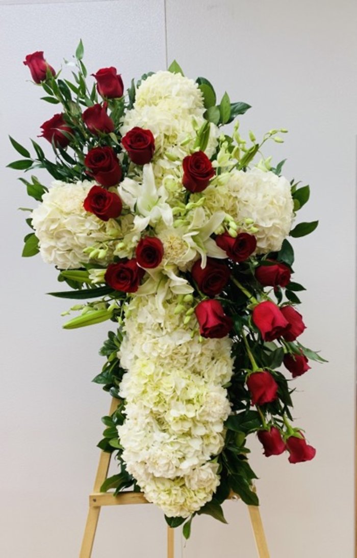 WHITE CROSS WITH RED ROSES