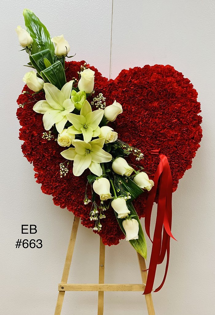 Solid Red Heart with White Blooms